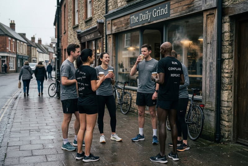Four runners outside a cafe with takeaway coffee after a run