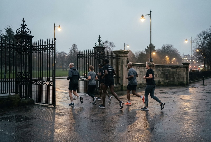 A group of runners setting off together from a park gate on a grey evening