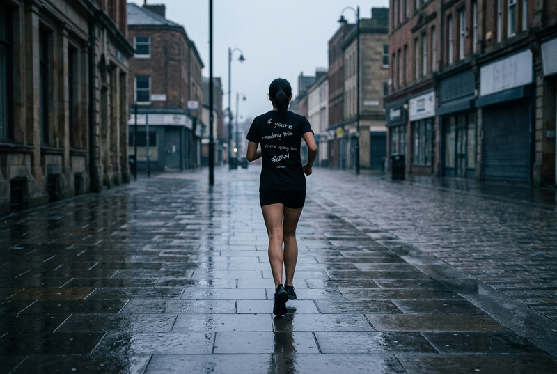 A runner from behind on a wet city pavement at dawn, wearing a SUBNONE tee