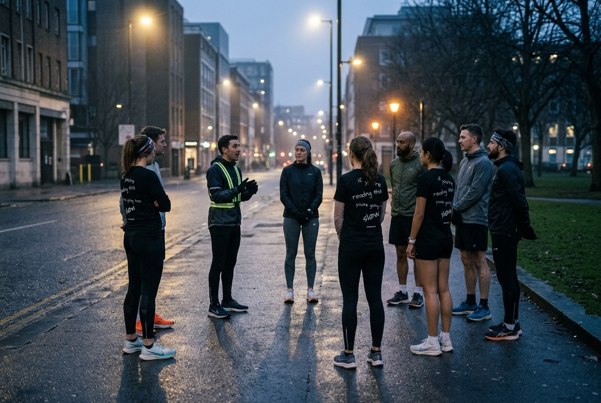 A run club group listening to a briefing before setting off