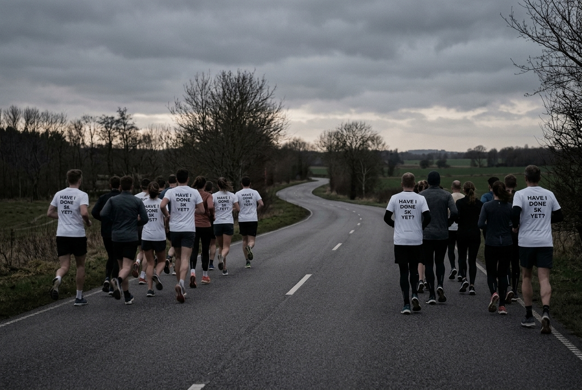 A run club split into pace groups, setting off at different speeds along a road