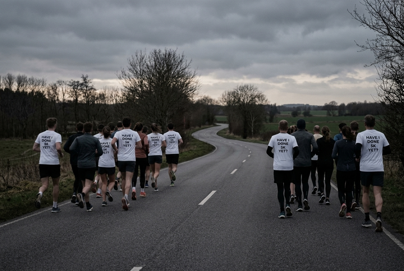 A run club split into pace groups, setting off at different speeds along a road