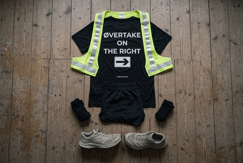 Running kit laid out ready for an evening run, including a SUBNONE tee and reflective vest