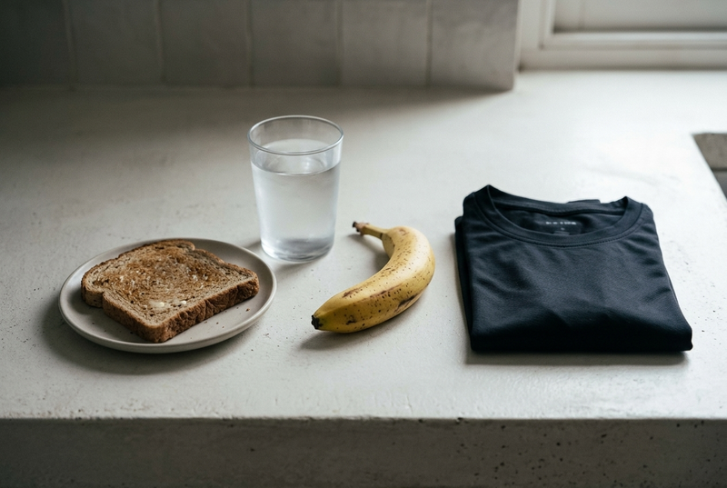 A banana, toast and water on a kitchen worktop beside a folded running tee