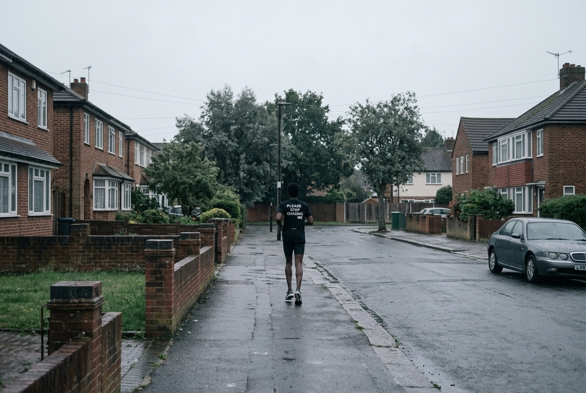 A runner jogging along a suburban pavement in a SUBNONE tee