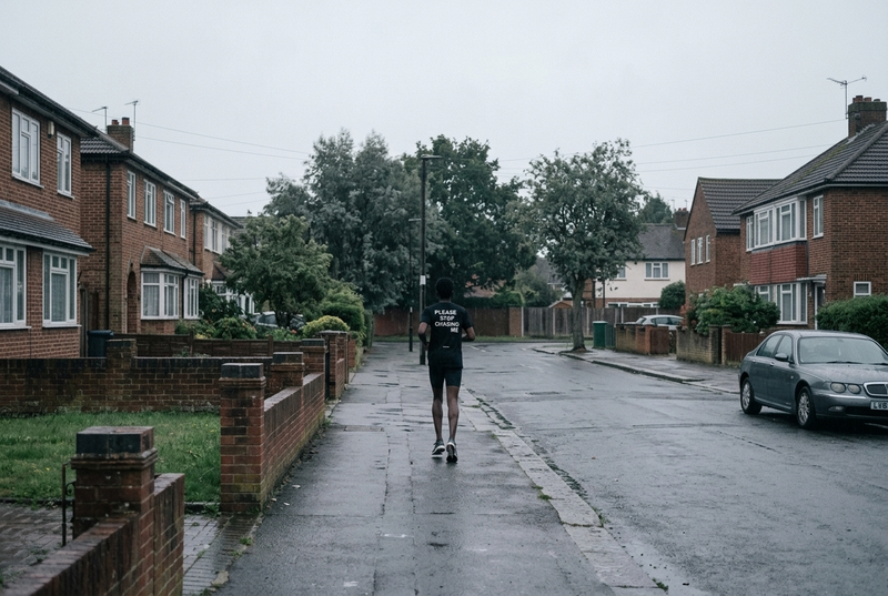 A runner jogging along a suburban pavement in a SUBNONE tee