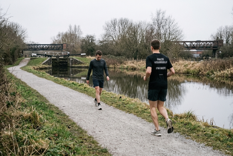 Two runners alternating running and walking along a canal towpath