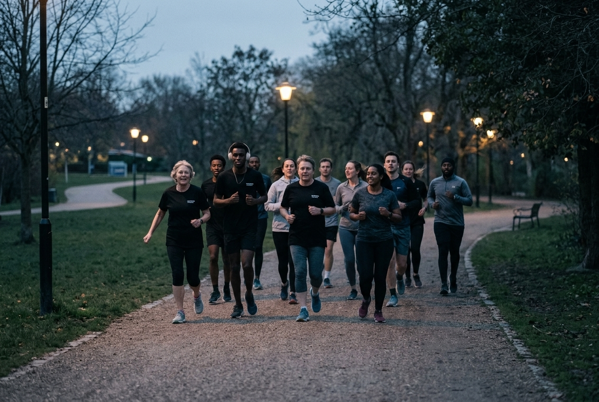 A beginner-friendly run club group jogging together along a lit park path