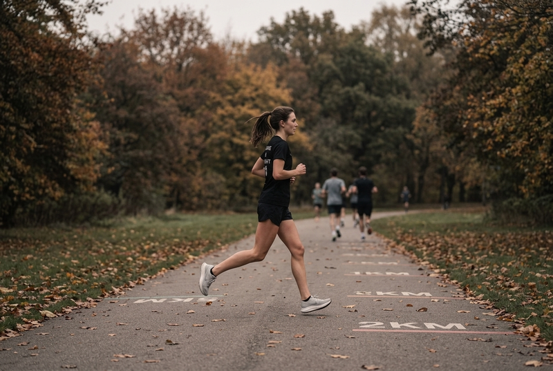 A runner crossing a park on a 5K route in a SUBNONE tee