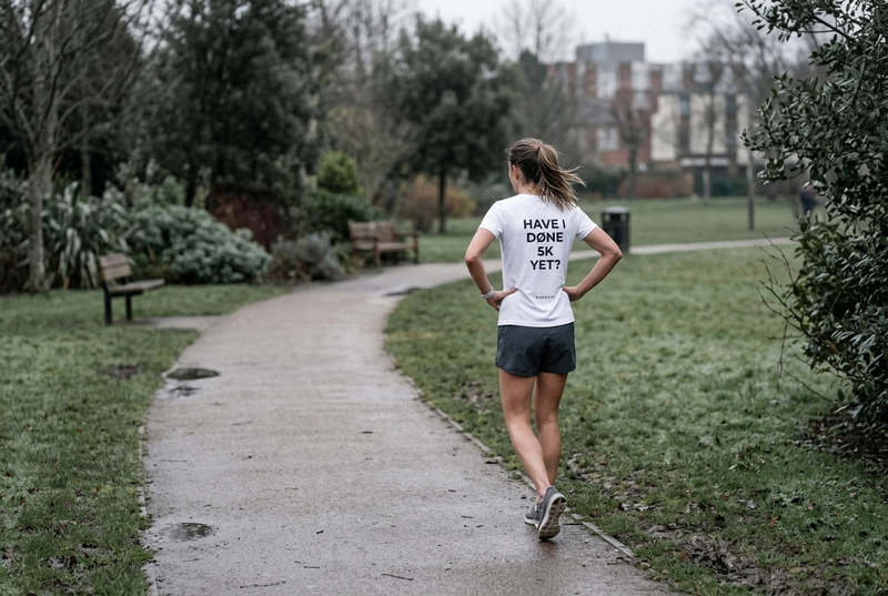 A runner pausing to catch breath beside a park path