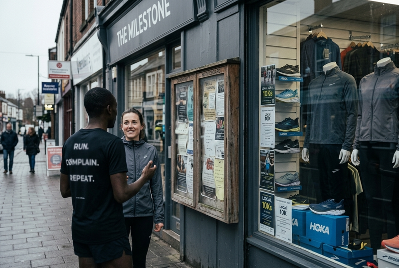 Runners chatting outside a running shop beside a community noticeboard