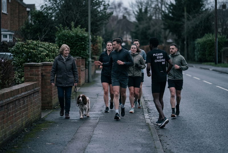 Runners two abreast on a pavement giving way to a pedestrian with a dog