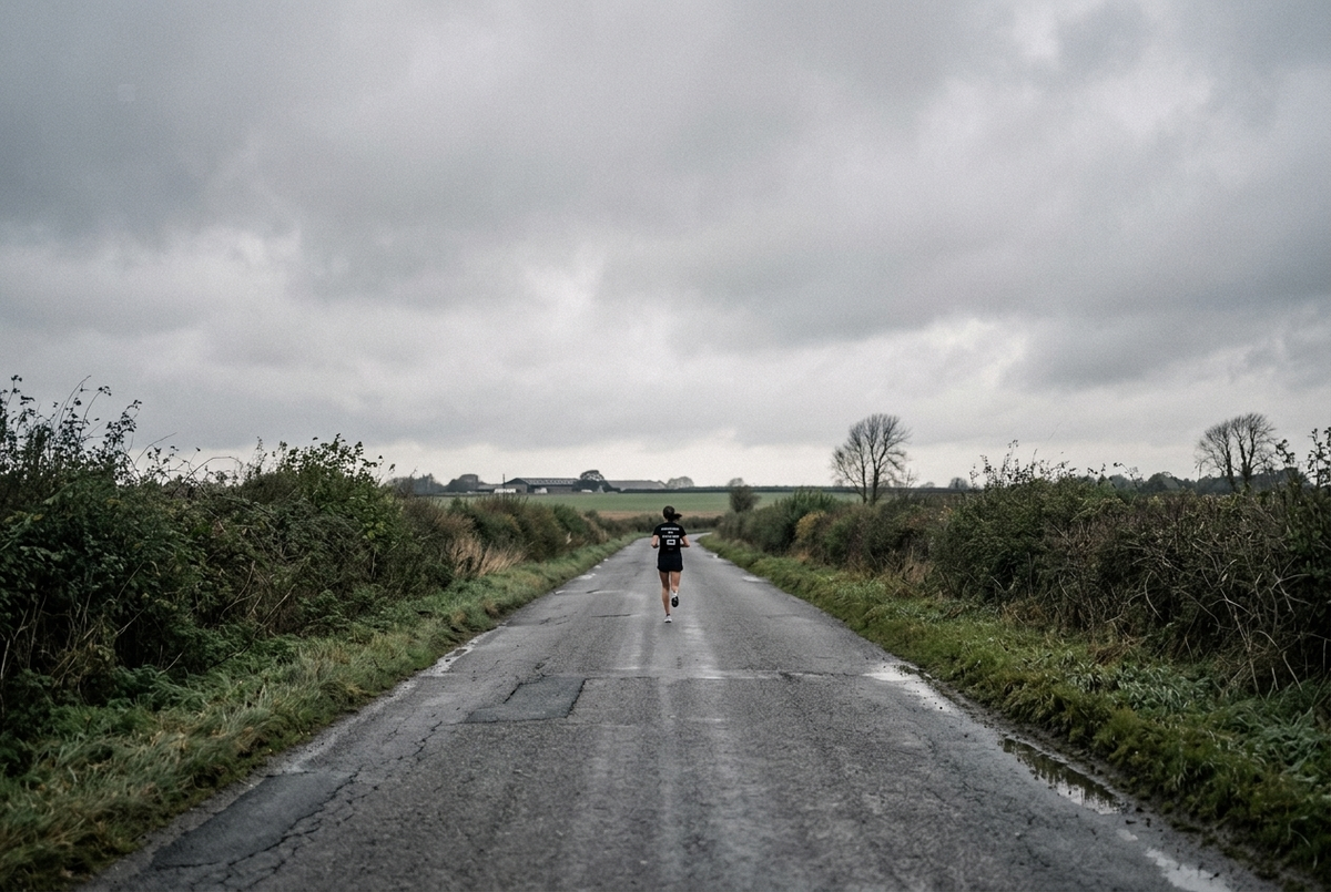A lone runner on a long weekend run along an open country road
