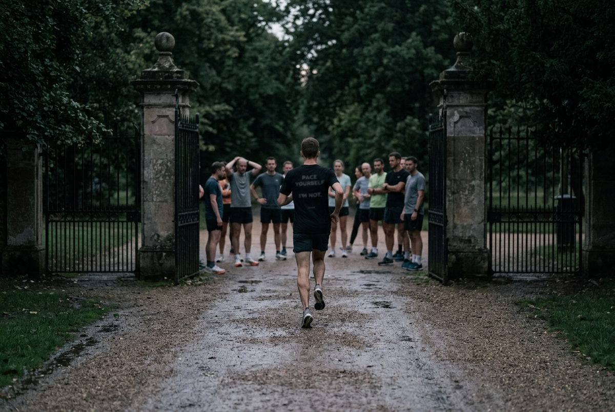 A runner arriving alone at a run club meeting point where a group has gathered