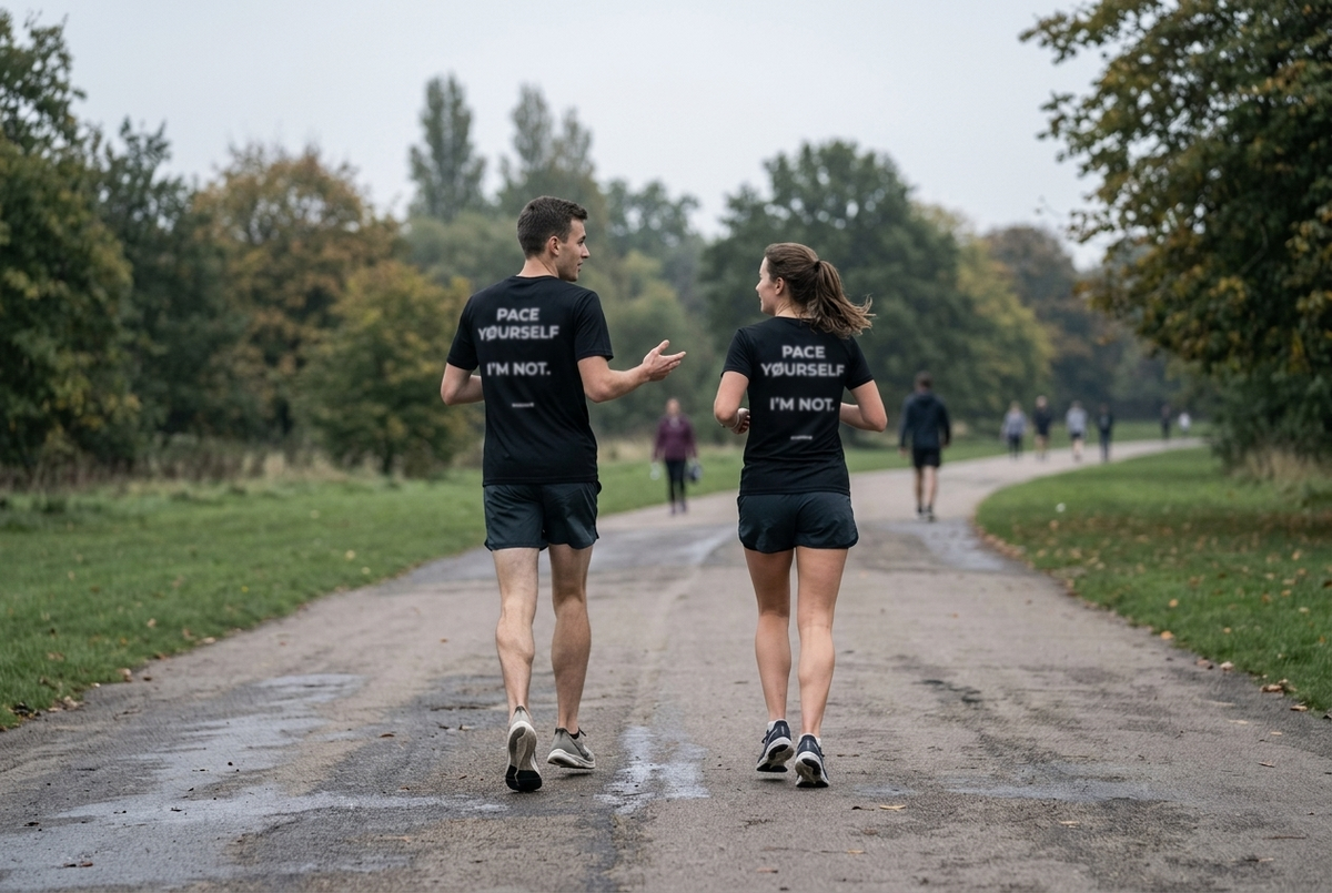 Two runners jogging side by side and talking at an easy conversational pace
