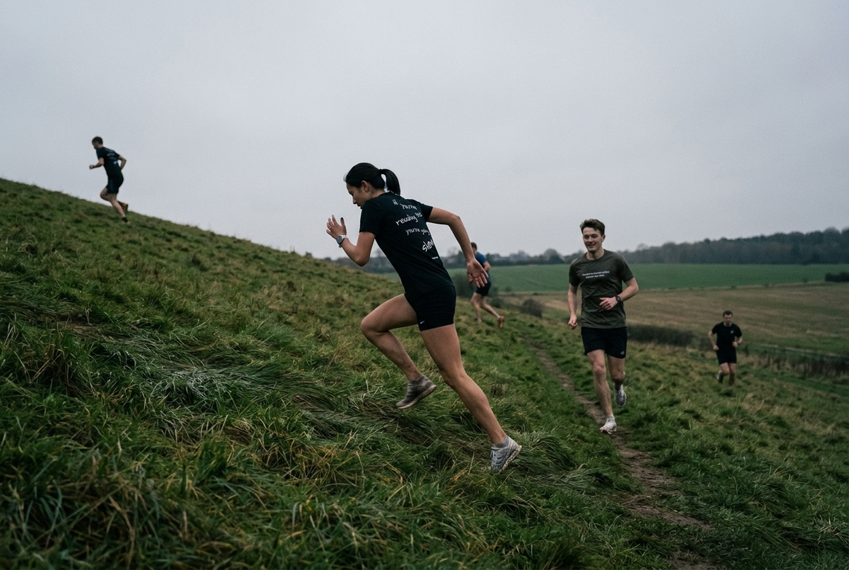 Runners doing hill repetitions, one running up while another jogs back down