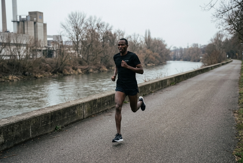A runner holding a sustained hard effort along an empty riverside path