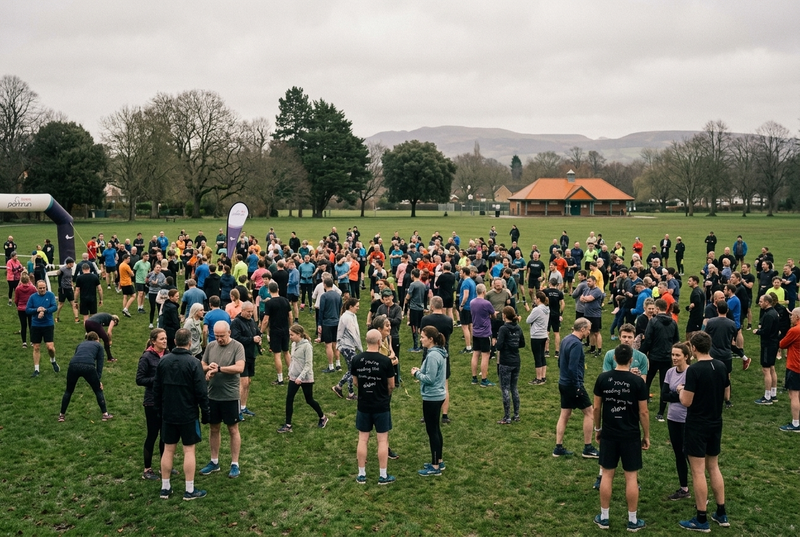 A large free community run gathering in a park on a Saturday morning