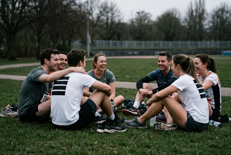 A group of runners sitting on grass together talking after a run