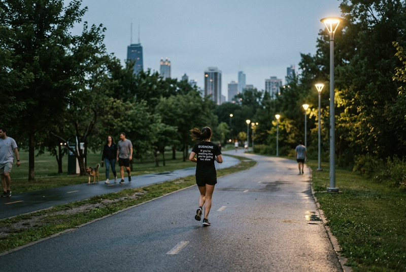 A well-lit urban park path at dusk with a runner and other people walking