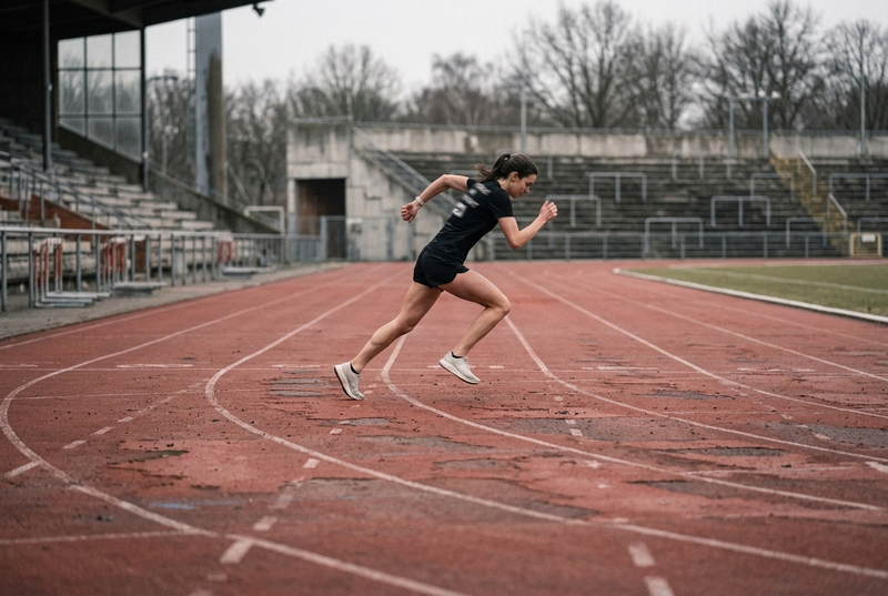 A runner accelerating along an empty athletics track