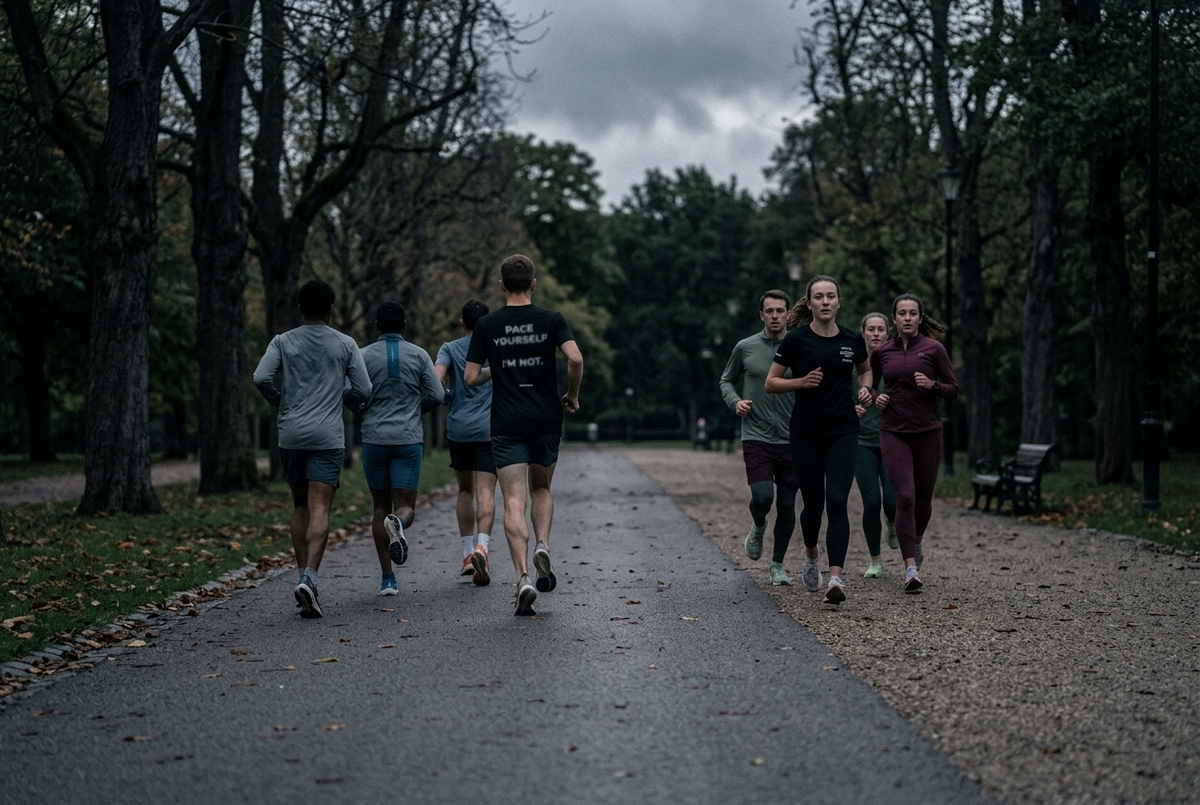 Two groups of runners passing each other in a park heading opposite ways