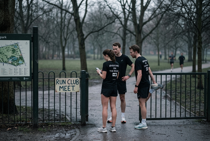 Three runners at a park gate meeting point starting a new run club