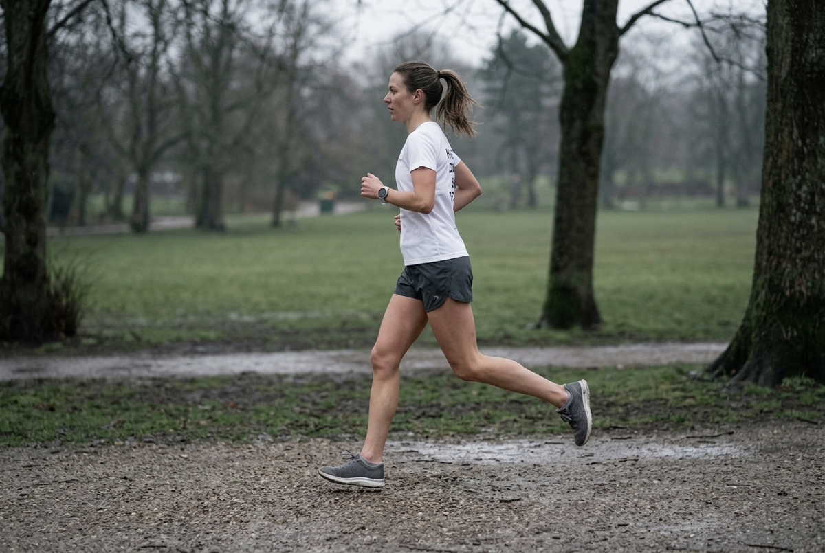 A runner training at a steady effort on a park path in early morning light
