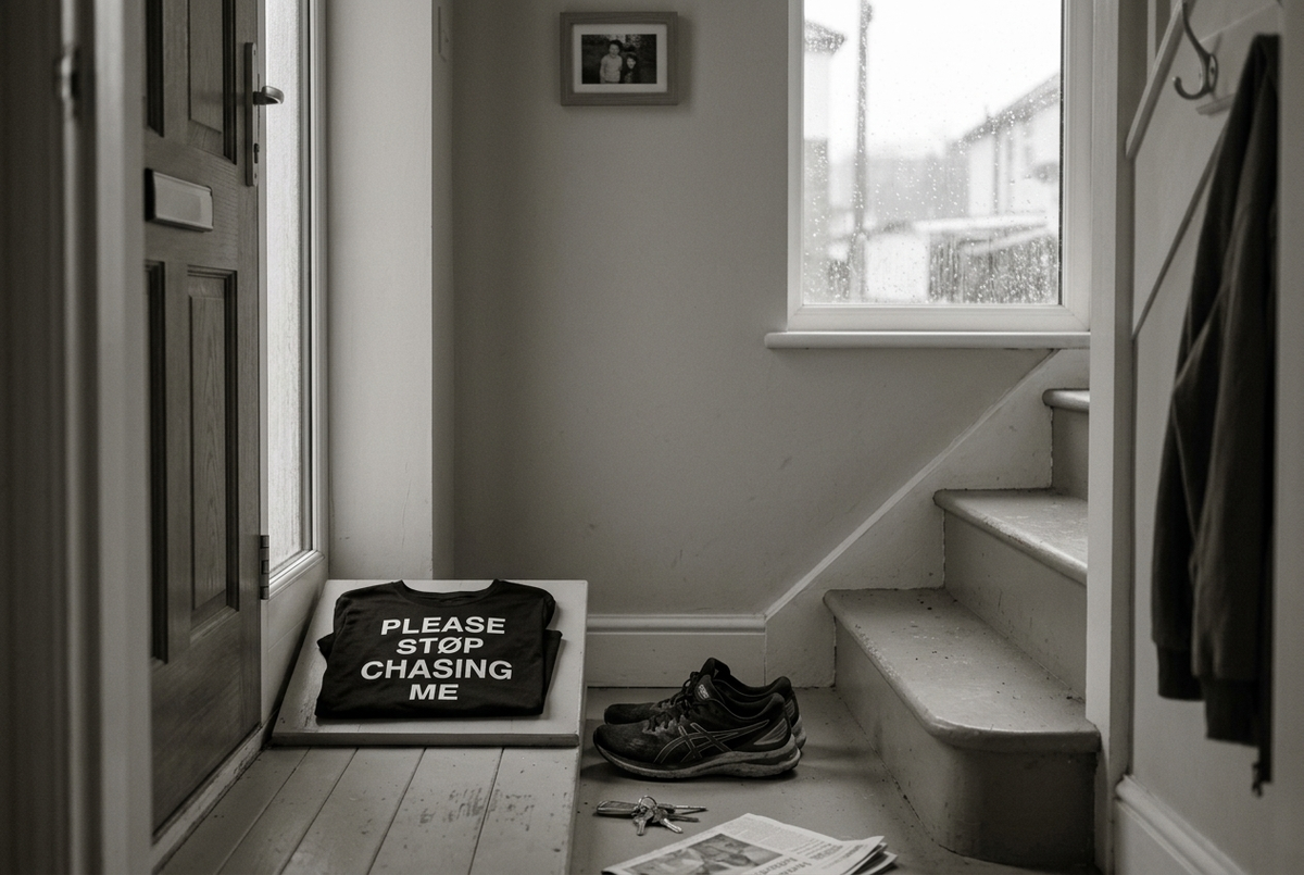 A folded running tee and trainers by a front door on a rest day