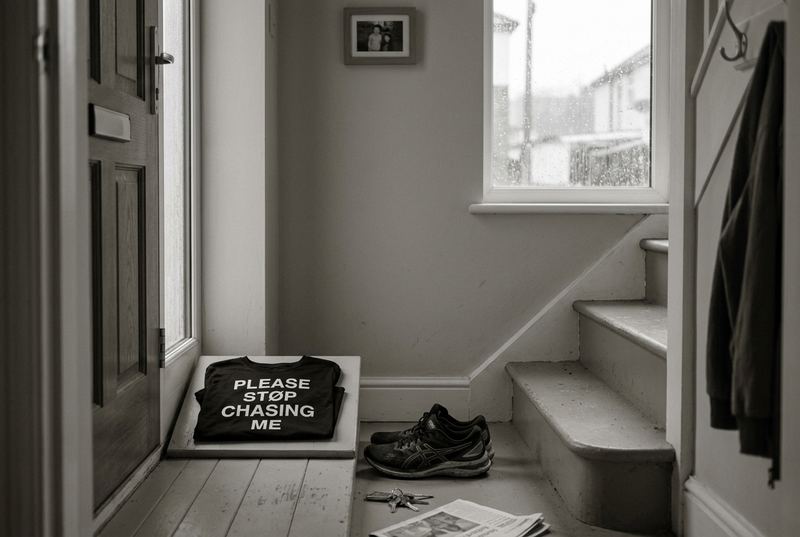 A folded running tee and trainers by a front door on a rest day
