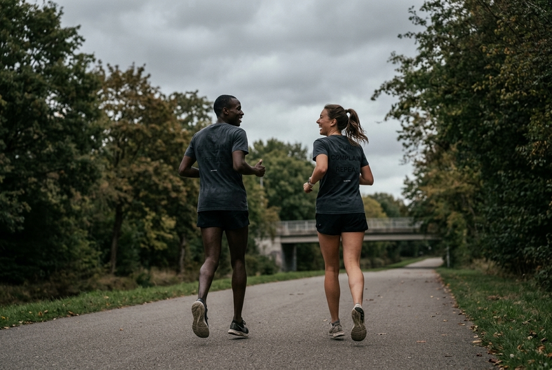 A pair of runners mid-conversation on a tree-lined path