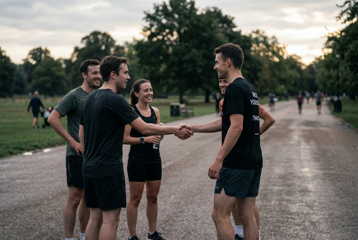 Runners introducing themselves to a newcomer before a group run