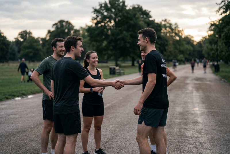 Runners introducing themselves to a newcomer before a group run