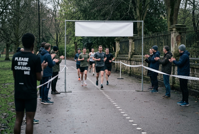 A small local race finish area in a park with runners crossing the line